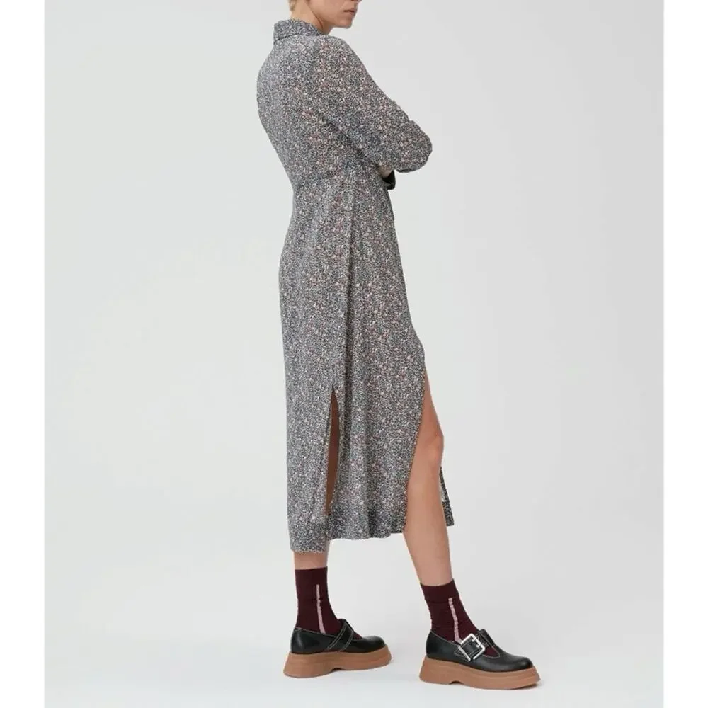 GANNI Floral Midi Shirt Dress Long Sleeves Button Front Side Slits Size 36 Small - Picture 14 of 14